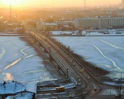 Daugava River frozen around bridge in winter Riga, Latvia