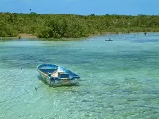 small boat moored in a bay