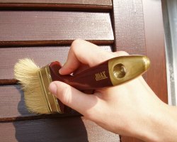 a hand holding a paintbrush varnishing wooden shutters